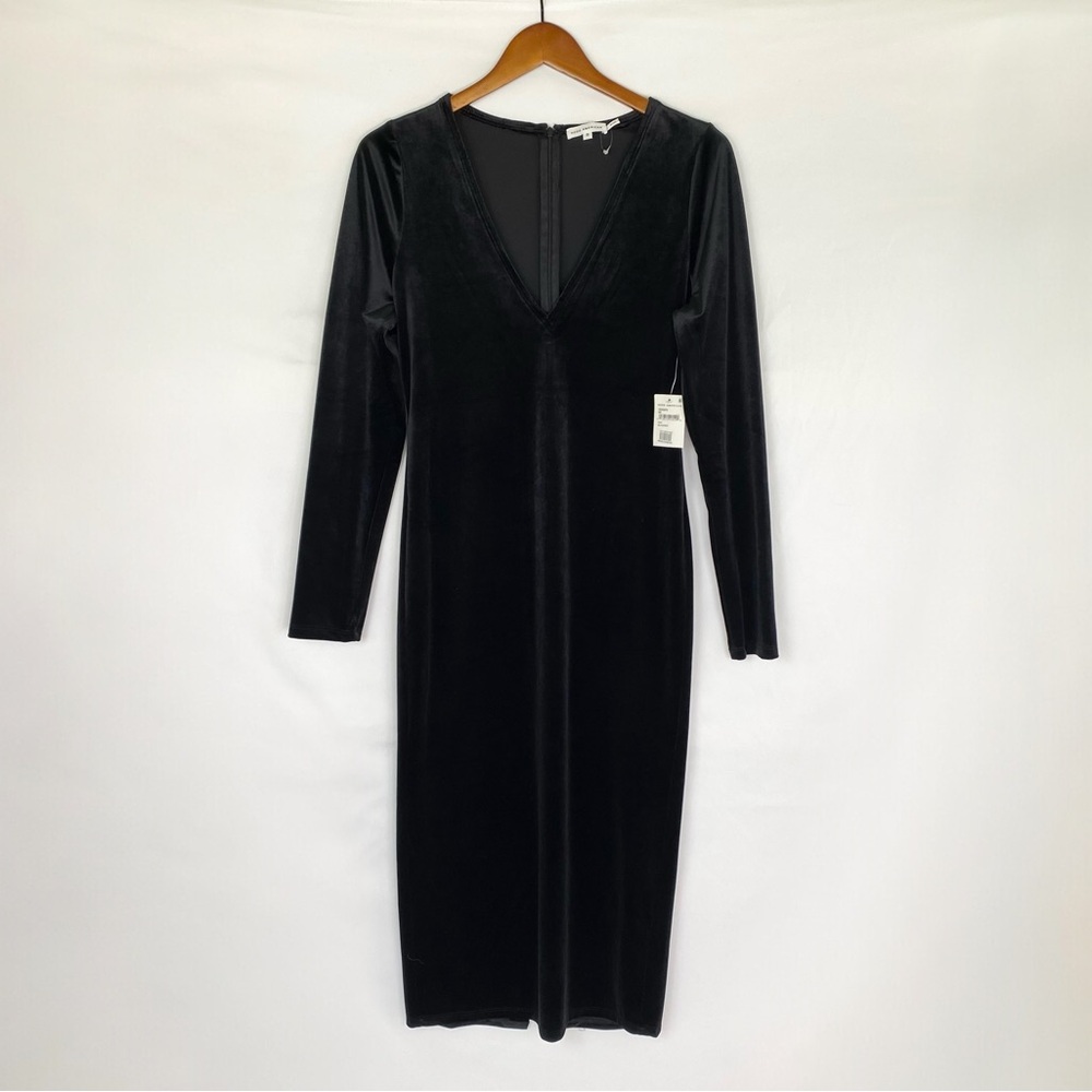 GOOD AMERICAN NWT Black‎ Crushed Deep V Neck Midi Dress Long Sleeve